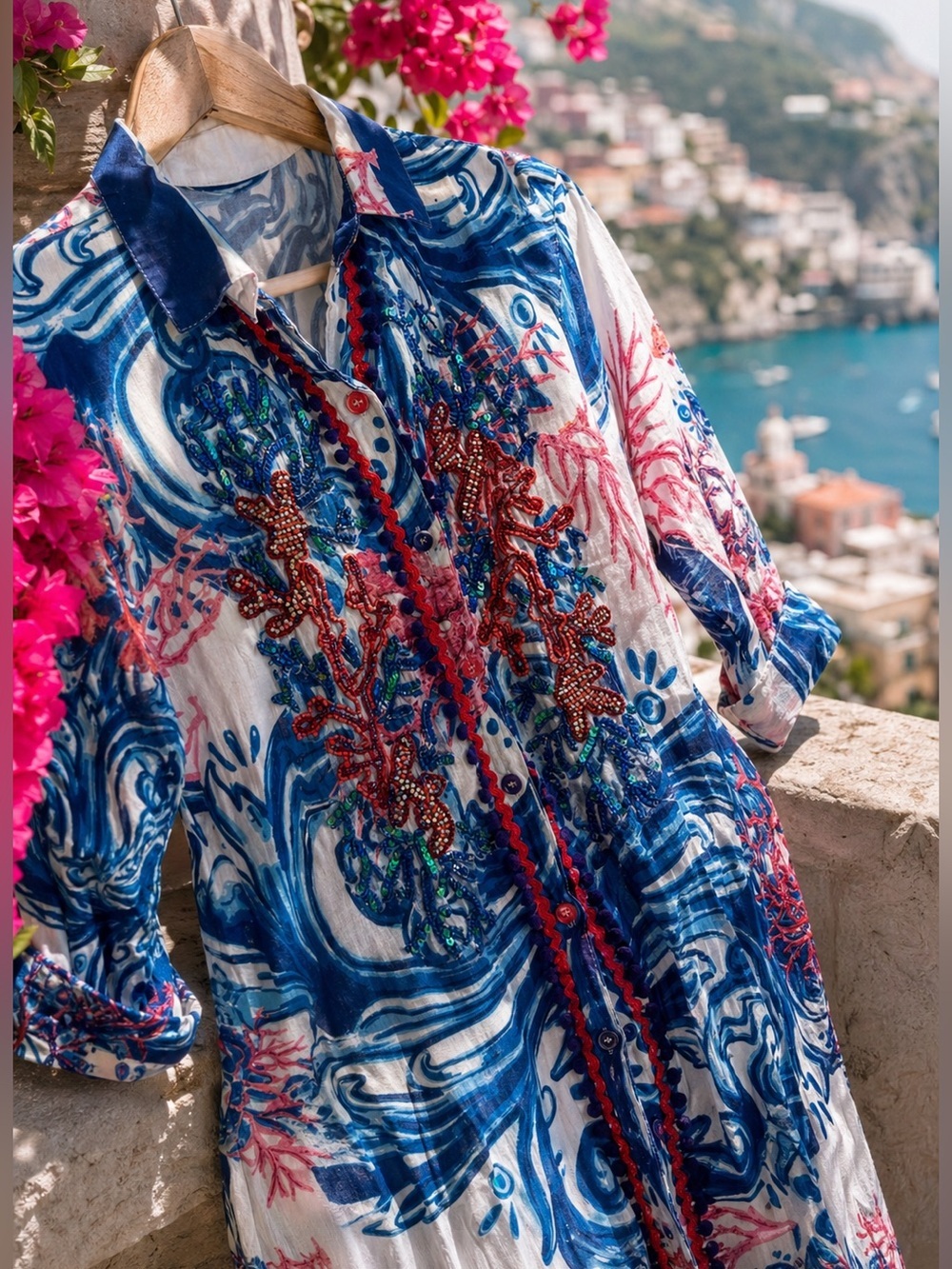 Antica Sartoria Positano Sequin Coral Print Italian Resort Cover Up Dress Size S - Picture 3 of 17